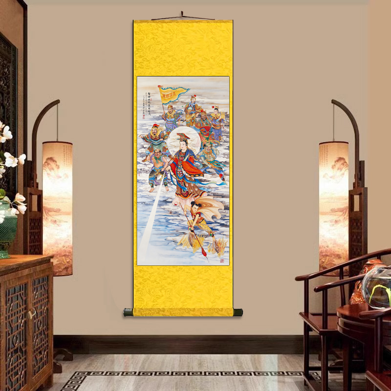 圣母出巡图 丝绸卷轴装饰挂画书房客厅卷轴画书房挂画观音菩萨像