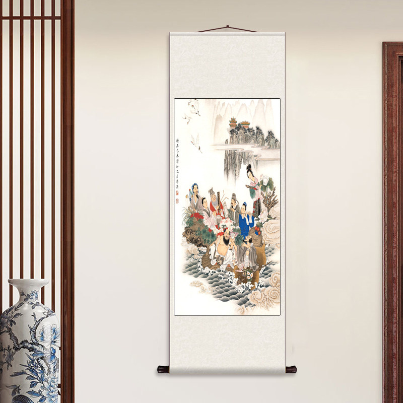 八仙过海 丝绸卷轴装饰挂画客厅玄关卷轴画神像八仙过海图装饰画