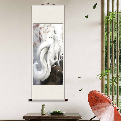 白色九尾狐画 丝绸卷轴装饰挂画卡通画祥瑞灵兽卷轴画中国风定制