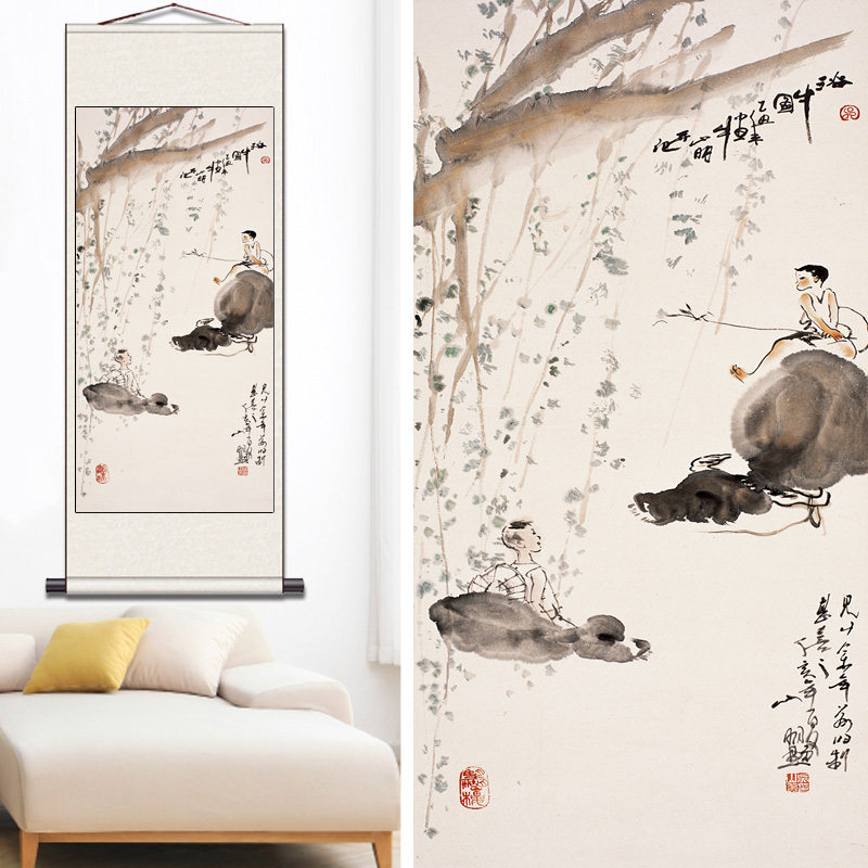 牧童放牛图人物画水墨画国画山水画丝绸画卷轴挂画家居装饰耕田图