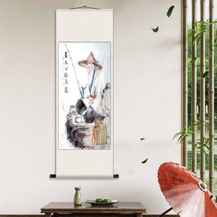 姜太公钓鱼图 丝绸卷轴装饰挂画人物挂画客厅书房玄关画过道装饰