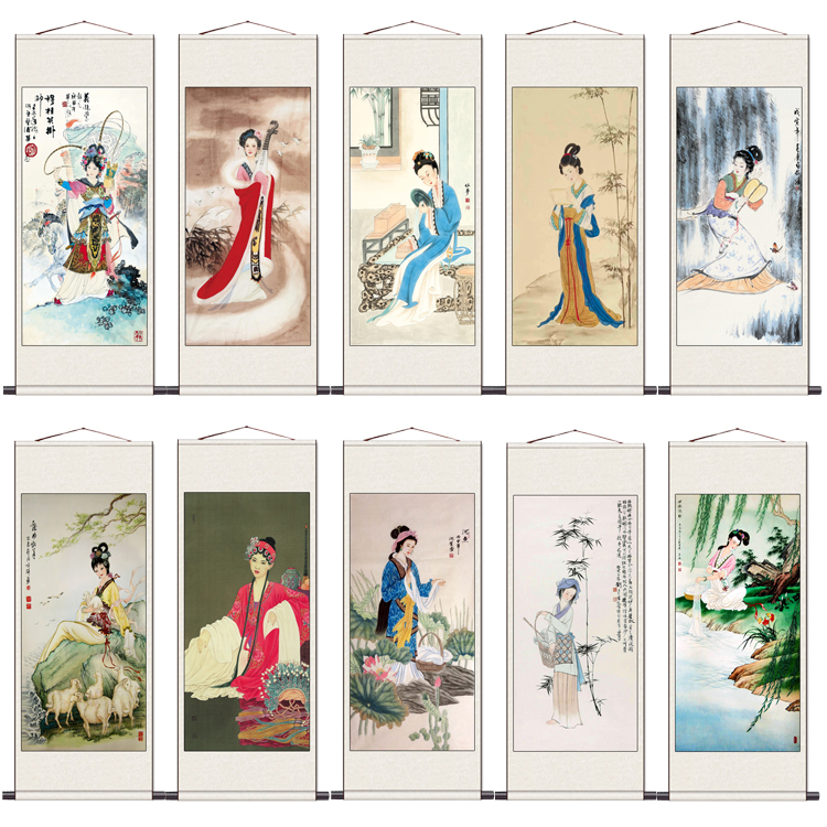 西施仕女图抚琴图酒店茶楼琴房装饰画条幅抚琴仕女读书作画美人图