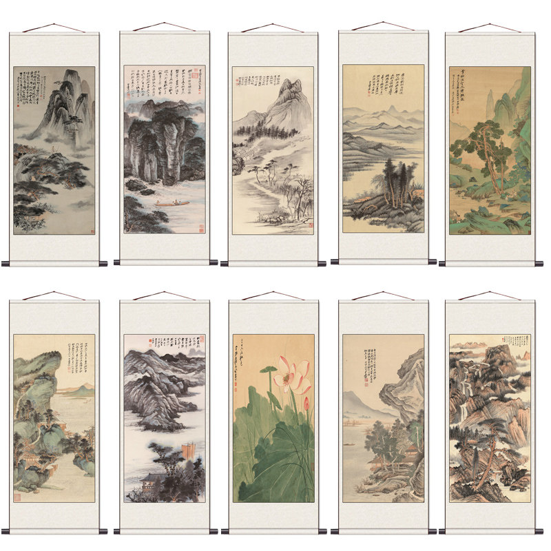 张大千荷花挂画新中式书房客厅装饰画字画中堂玄关山水卷轴装饰画