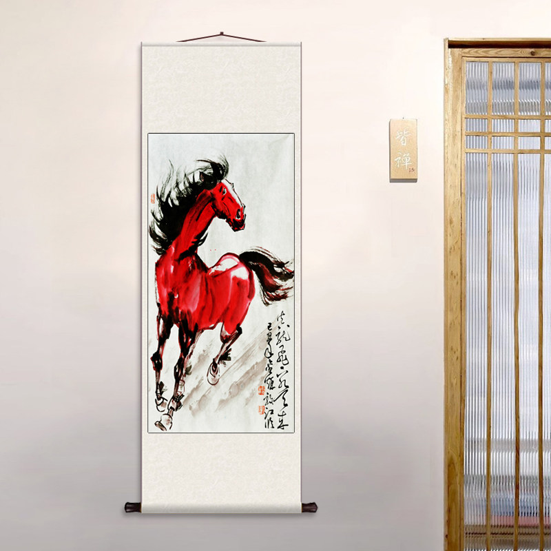 红色马 丝绸卷轴装饰挂画马到成功徐悲鸿客厅书房办公室装饰画