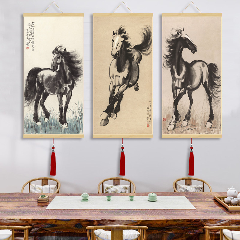 新中式卷轴画徐悲鸿奔马图字画书房装饰画玄关电表箱画丝绸画微喷