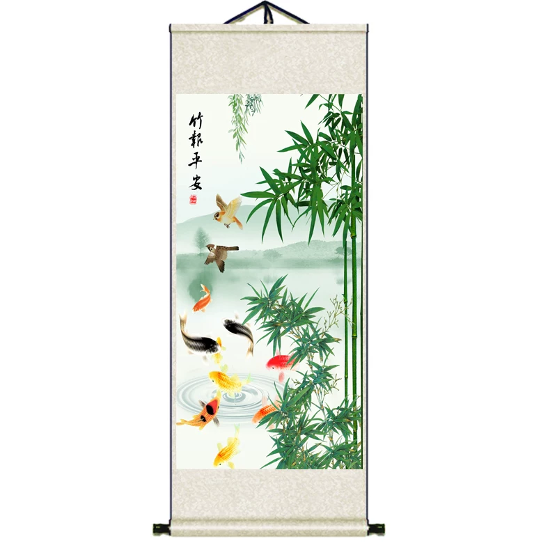 Бамбуковая карта Бао Пиньань Лотос Цзютин Чжуолянь Decoration Silk Scrolls Famous Arts and Painting Microbiography Animation Bamboo Tea Building Gift