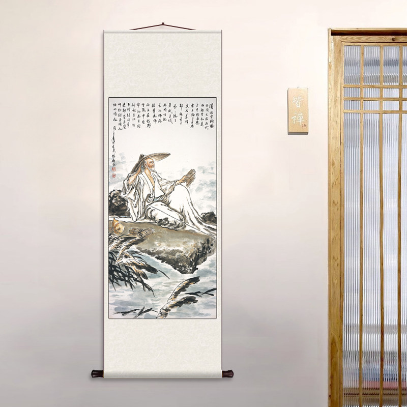 姜子牙渭水垂钓 丝绸卷轴装饰挂画玄关书房客厅摆设卷轴画装饰画