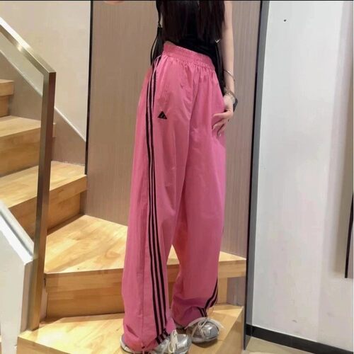 【早拍早发】高街美式休闲裤女侧边三条杆夏季高腰宽松直筒阔腿裤