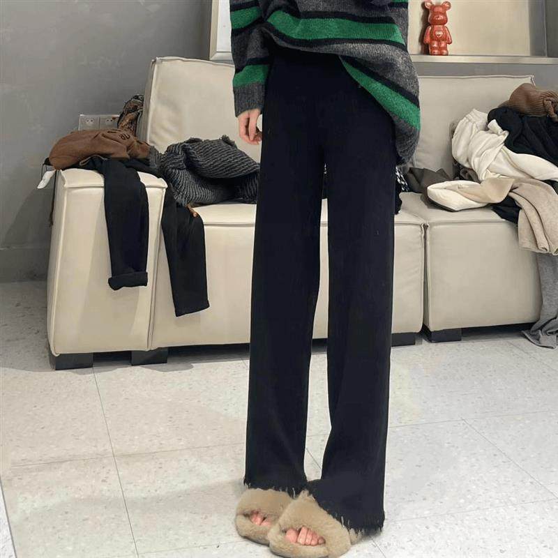 大脸酥流苏休闲裤女超模腿高腰瘦瘦裤微喇裤秋冬季大码胖MM针织裤