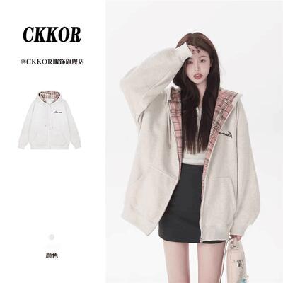 CKKOR秋冬美式格子慵懒风拉链外套女遮屁股卫衣加厚连帽衫上衣女