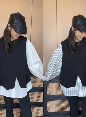 二姐的宝藏衬衫时尚休闲宽松格子拼接假两件套撞色显瘦衬衫#24277