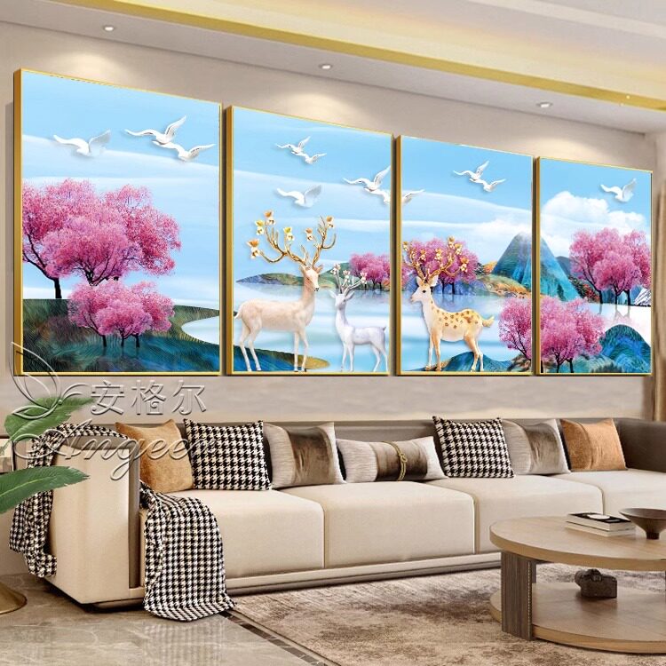 客厅装饰画山水画风景挂画中式招财壁画沙发背景墙画晶瓷镶钻四联