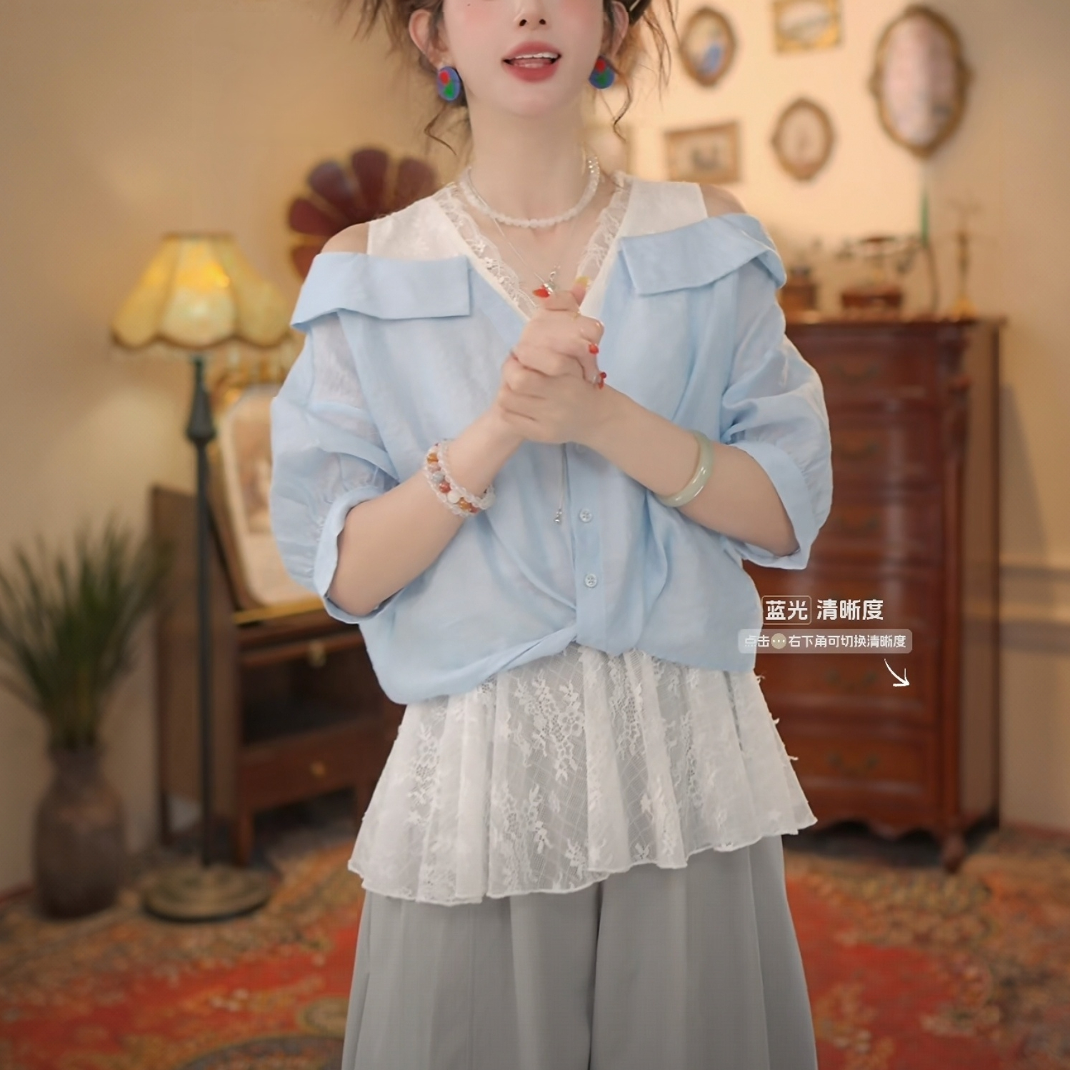 蕾丝拼接假两件上衣女短袖设计感露肩百搭衬衫复古蕾丝拼接衬衣