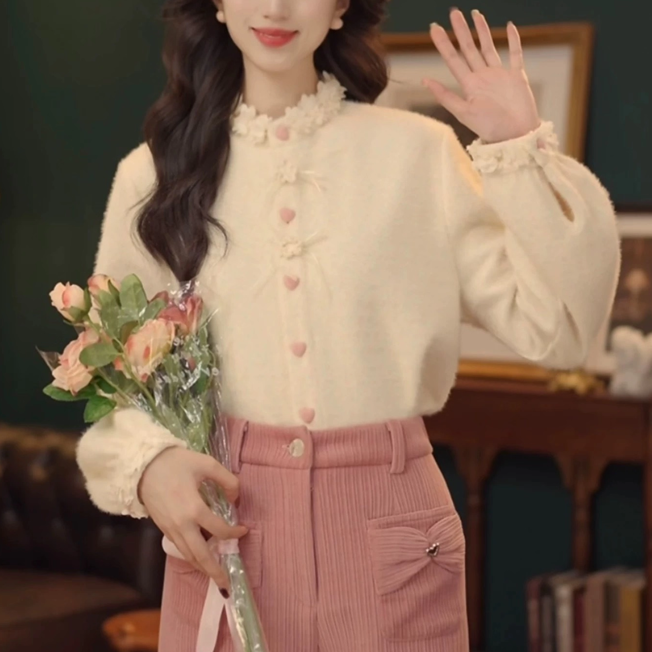 复古港风秋冬厚款休闲百搭衬衫衣长袖上衣打底蕾丝拼接上衣