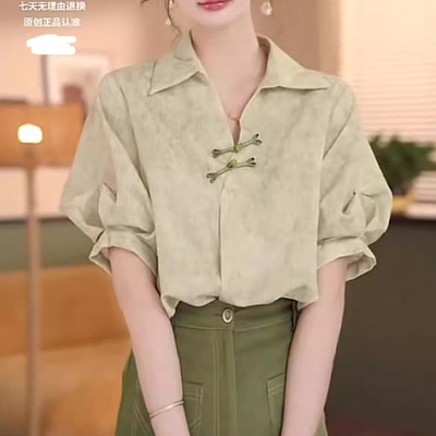 新中式绿色V领短袖衬衫女