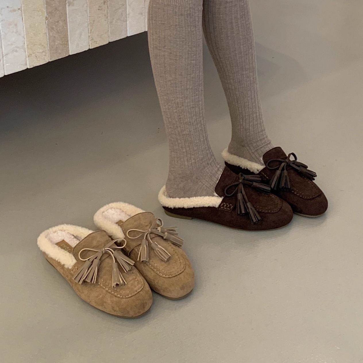 流苏反绒加绒毛毛包头半拖女鞋