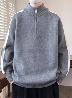 毛衣男青少年秋冬季新款半拉链立领针织衫男生韩系灰色立领毛线衣