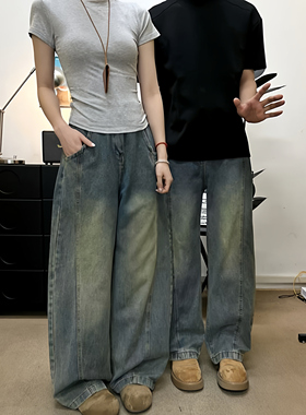 春季复古新款弯刀显瘦牛仔裤半松紧腰纽扣款美式宽松高街ins裤子