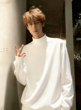 白色半高领德绒打底衫男款秋冬重磅山东即墨卫衣修身内搭长袖t恤