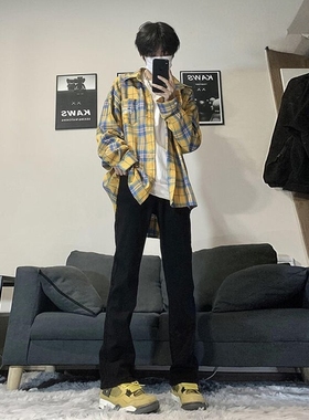 美式复古黑色cleanfit微喇牛仔裤男款秋冬加绒显高显瘦显腿长裤子