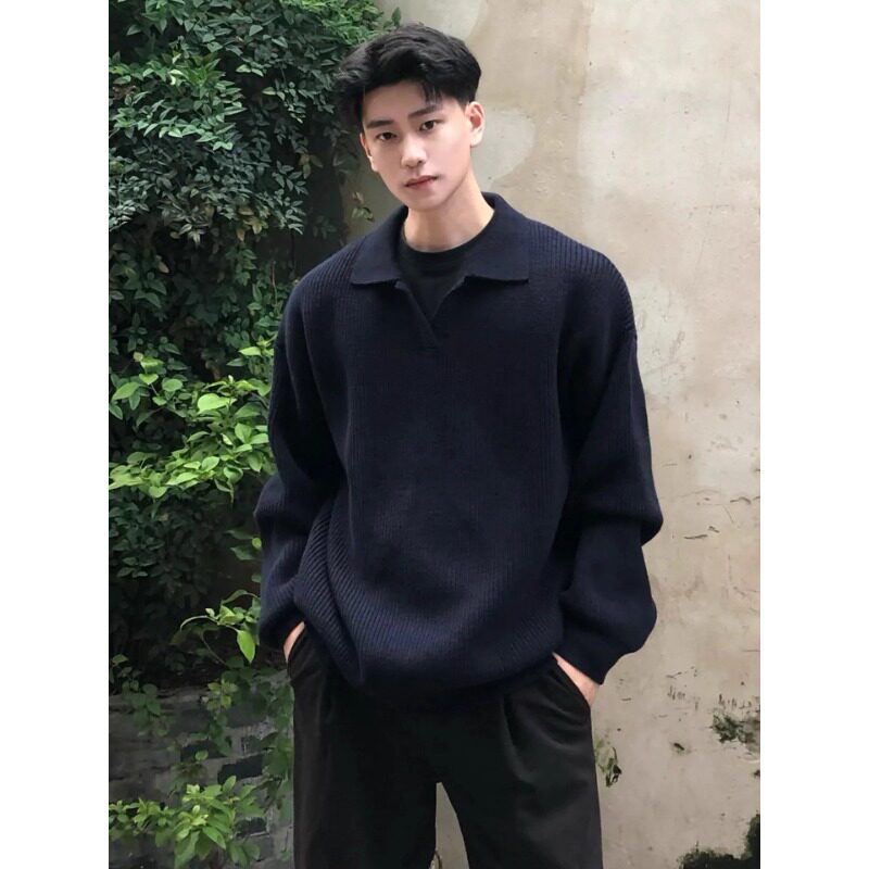黑色Polo领毛衣男款秋季高级感内搭打底针织衫慵懒风翻领线衣外套