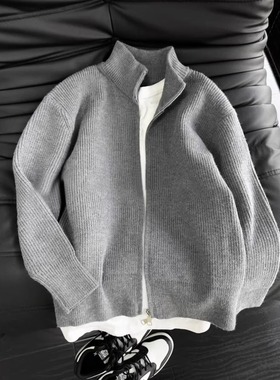 深灰色半高领开衫毛衣男款秋冬叠穿内搭打底衫外套cleanfit针织衫