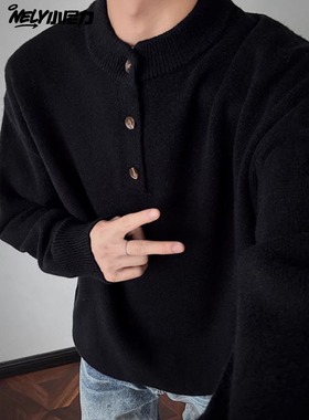 灰色美式亨利领针织毛衣男冬季慵懒风cleanfit内搭打底针织衫外套