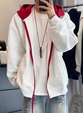 花灰色拼色连帽卫衣开衫男款秋冬季加绒加厚重磅情侣外套硬挺夹克