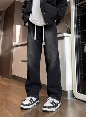 秋冬新款美式休闲黑色牛仔裤男生时尚显瘦潮流情侣直筒宽松裤子男