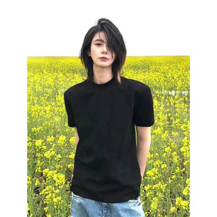 cleanfit黑色正肩短袖男款夏季美式高街小领口重磅t恤修身半截袖