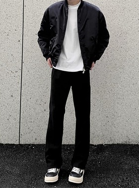 秋冬款高克重直筒硬挺弯刀微喇黑色西裤男百搭通勤卫裤休闲男长裤
