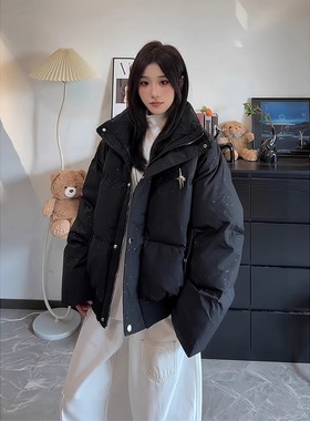黑色短款满天星羽绒服男女款冬季嘉兴平湖立领棉衣美式情侣面包服