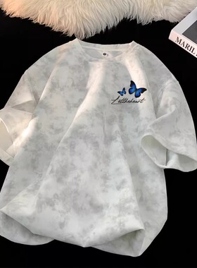 潮牌短袖t恤男夏季扎染美式重磅宽松五分袖2026新款青少年体恤衫