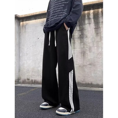 三条杠拼接牛仔裤男工装休闲长裤