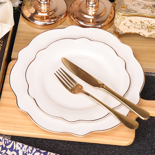 出口中东风格金边荷口平盘花形盘陶瓷高档新骨瓷意面牛排盘西餐盘