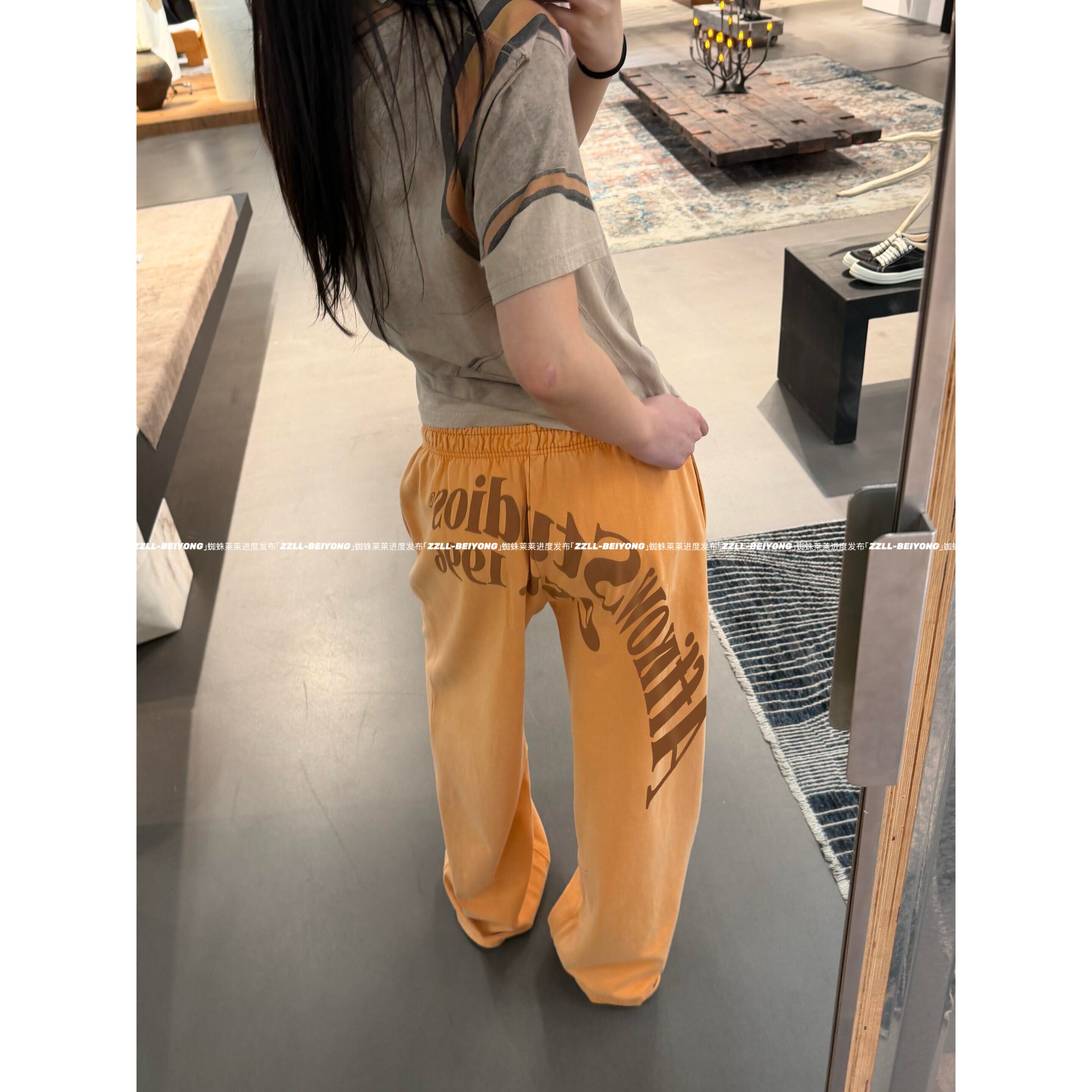 affixow 1996褪色印花水洗喷砂做旧松紧卫裤男女毛圈长裤情侣款潮