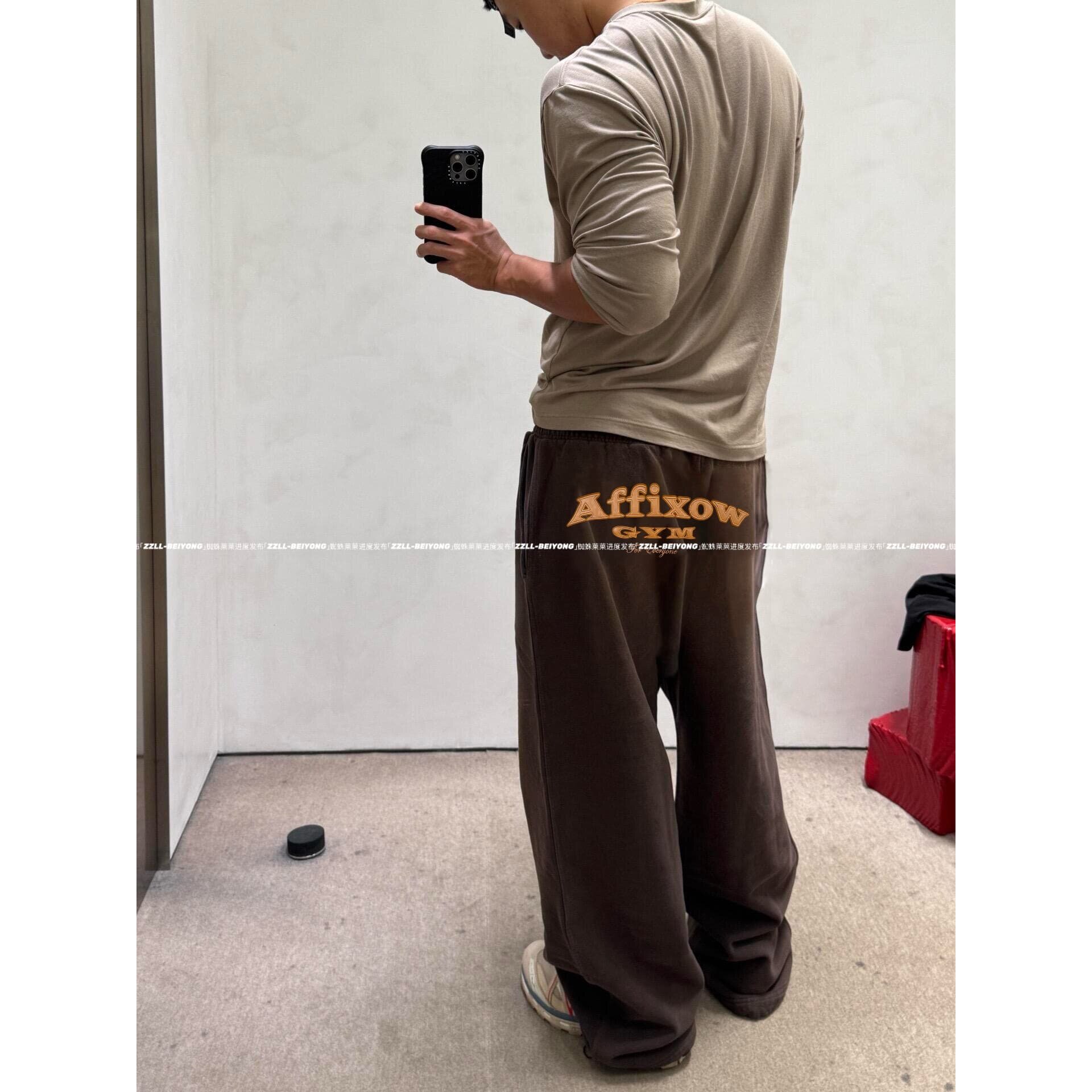 affixow AC风gym系列贴皮水洗马骝做旧卫裤男女假两件长裤情侣潮