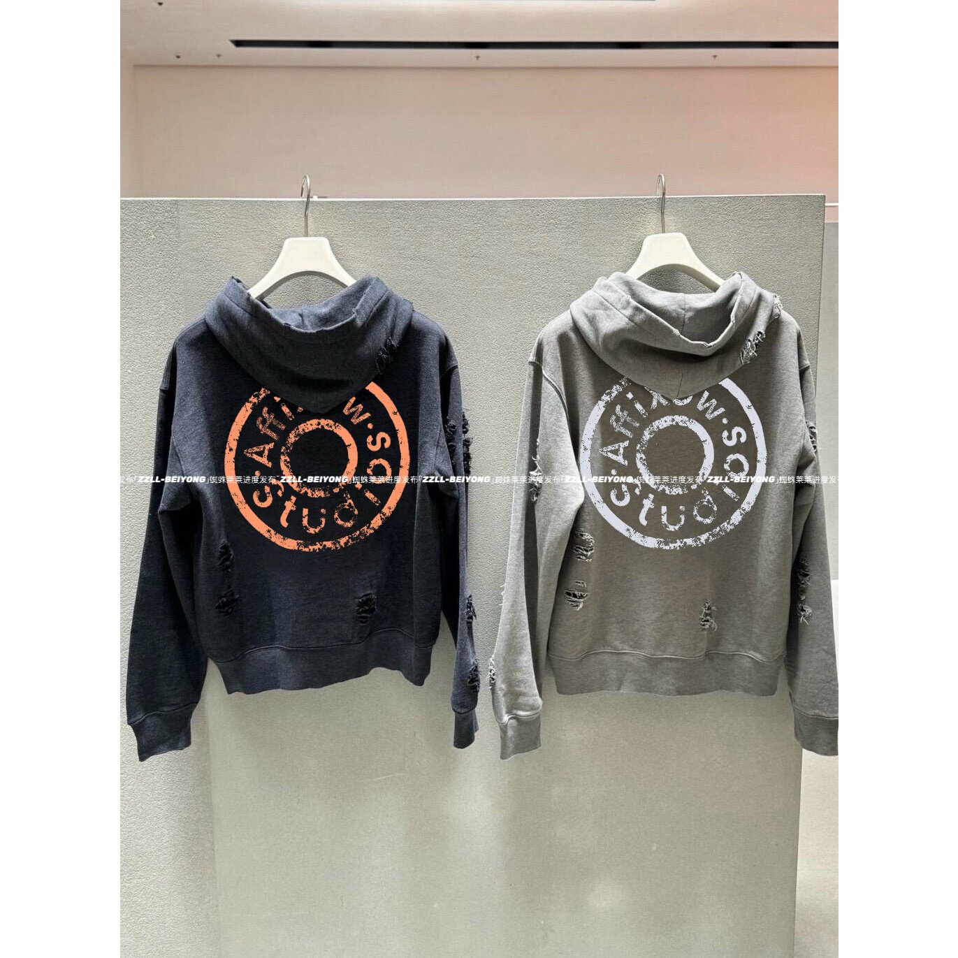 affixow AC风圆圈破碎印花刀割破洞450克拉链卫衣连帽衫男女款潮