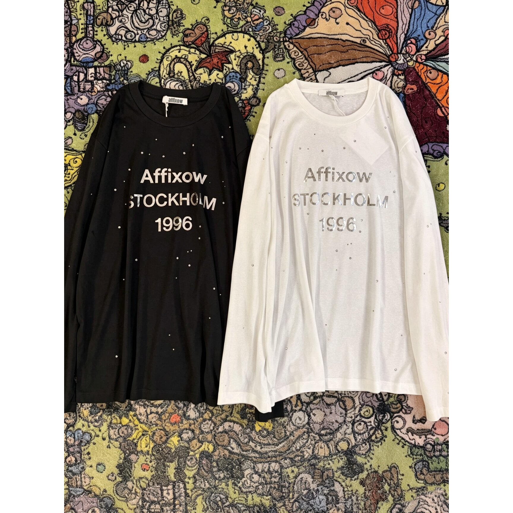 affixow 北美限定1996烫钻数字薄款长袖男女T恤情侣85%棉15%亚麻