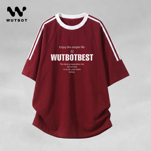 WUTBOT纯棉三条杠美式短袖宽松夏季t恤潮牌痞帅高街休闲体恤打底