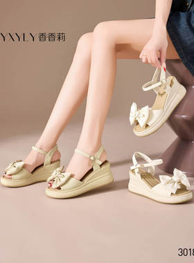 香香莉女鞋30185新款时尚蝴蝶结中高跟坡跟凉鞋女2025夏