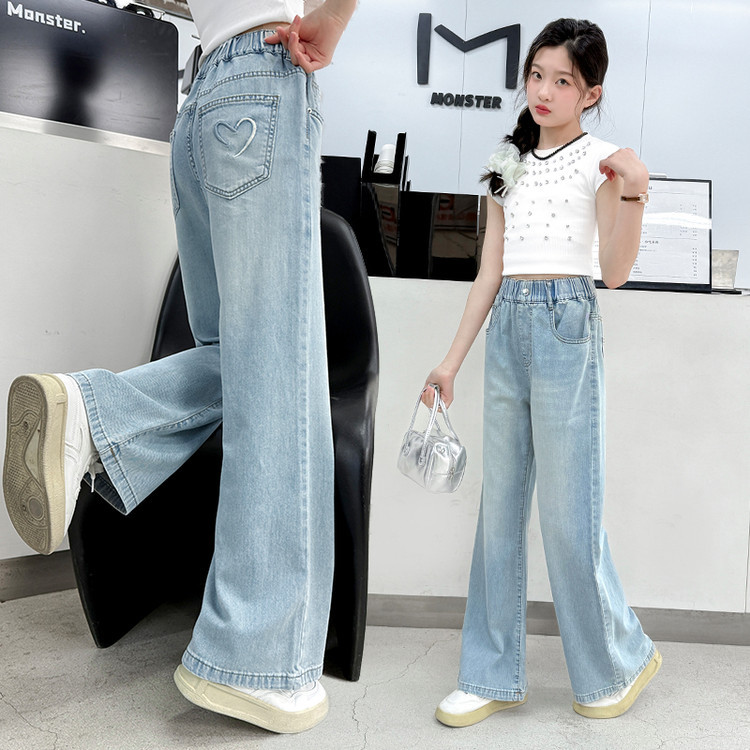 夏季薄款天丝女童牛仔裤韩系百搭中大童长裤宽松阔腿直筒裤子女孩