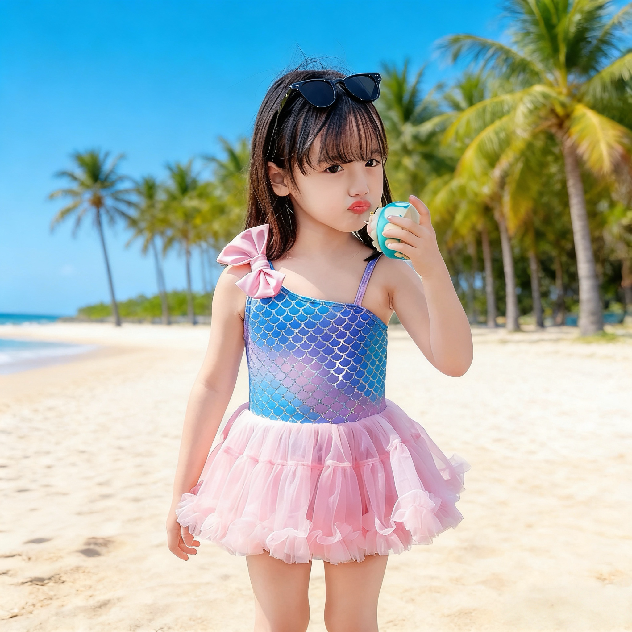 美人鱼泳衣夏季可爱女童公主宝宝泳装速干兔兔裙连体游泳衣