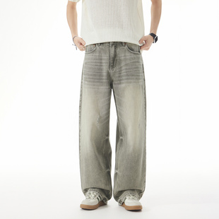 美式复古水洗浅绿色牛仔裤男2026春夏季宽松大码直筒阔腿长裤子潮
