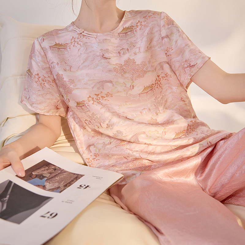 新中式国风印花纯色短袖轻奢内搭夏季高级感气质桑蚕丝t恤 M3118