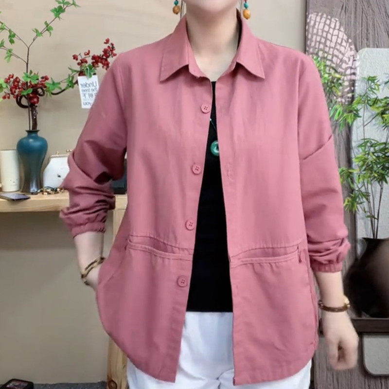 2026新款纯色翻领衬衫中老年人女装春秋薄外套妈妈夏装长袖衬衣薄