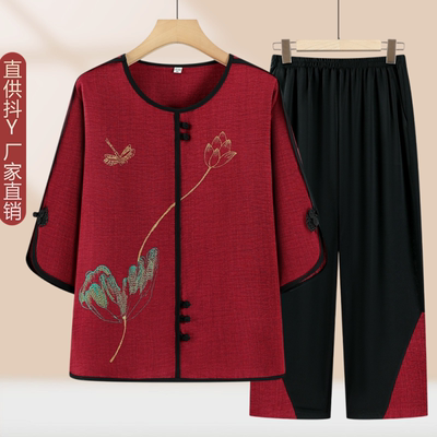 奶奶新中式套装老人短袖衣服裤子