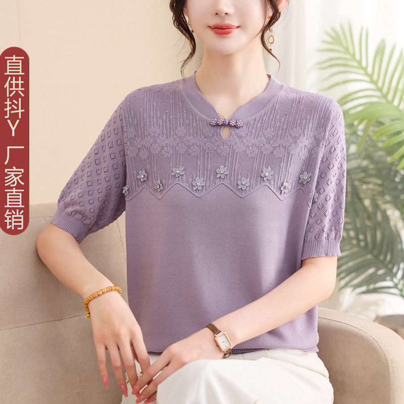 妈妈夏装旗袍领冰丝小衫中老年女装洋气刺绣针织T恤中年人薄上衣