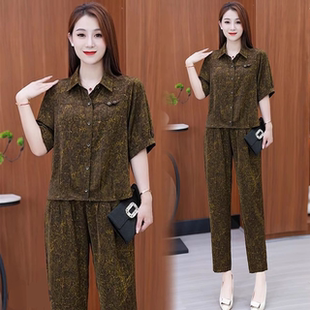 2026新款冰丝套装中老年人女装夏季短袖衬衫妈妈夏装薄款外套裤子