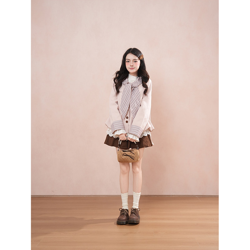 粉格信笺 韩系少女格纹拼接风衣+蕾丝内搭+咖色半身裙三件套